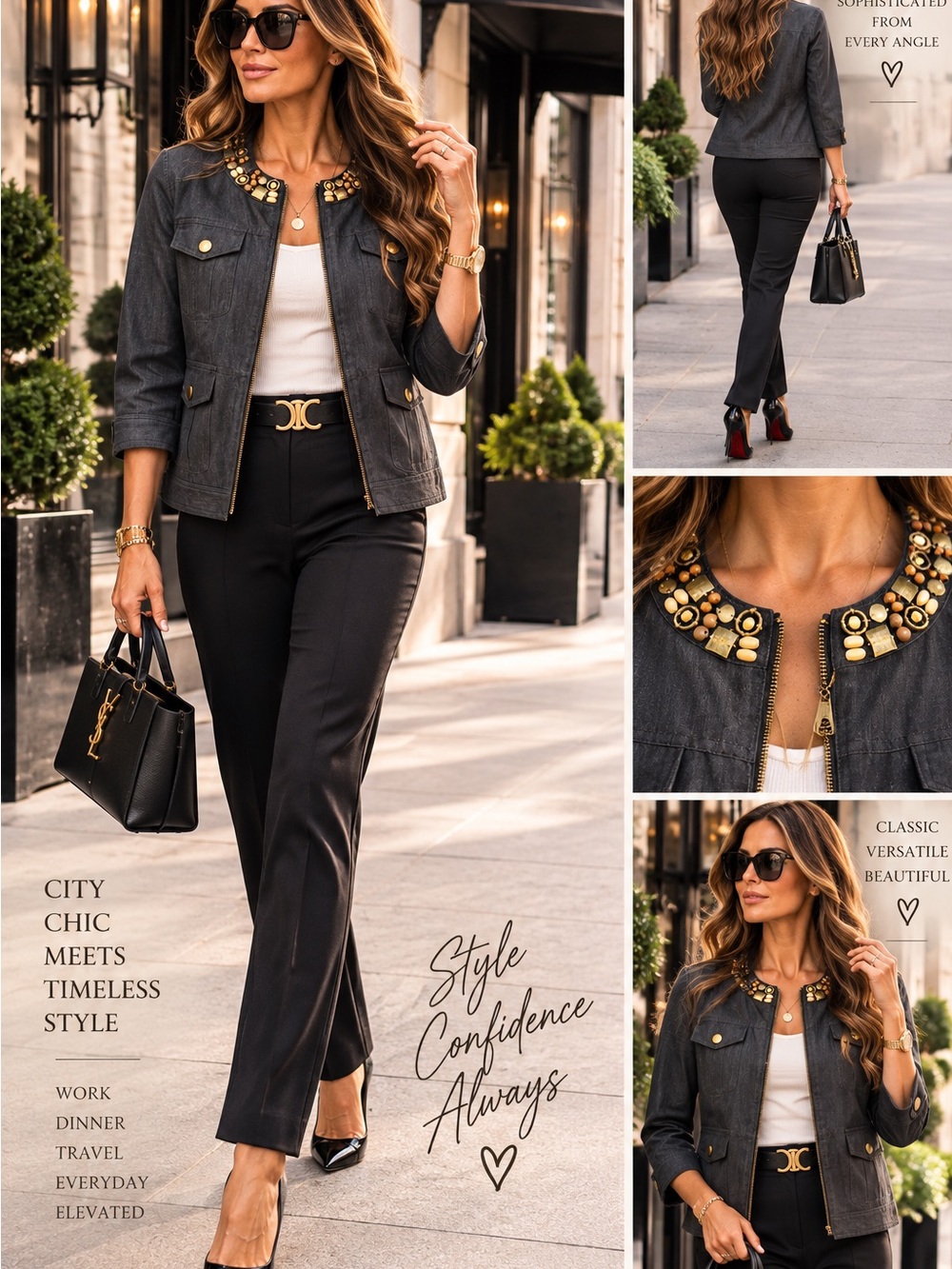 Ruby Rd Embellished Black Denim Jacket Beaded Collar Zip Front Size 8
